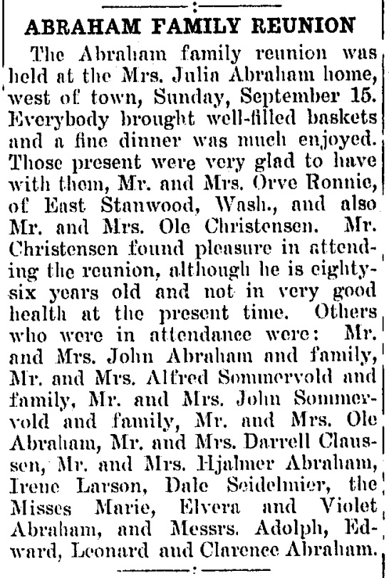Akron Register Tribune September 19, 1935 - Abraham Family Reunion at home of Mrs Julia Abraham