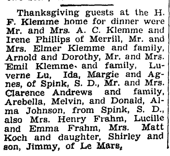 Lemars Globe Post November 30, 1936 - Thanksgiving guests at the H F Klemme home