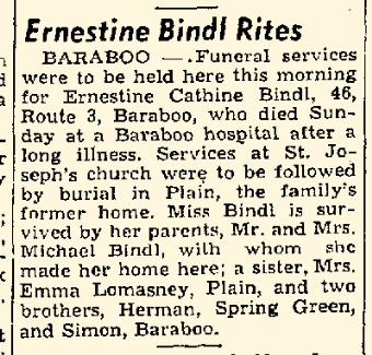 Madison Wisconsin State Journal September 12, 1944 - Ernestine Bindl obituary
