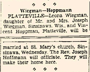 Madison Wisconsin State Journal January 28, 1936 - Leona Wiegman and Vincent Hoppman engagement announcement